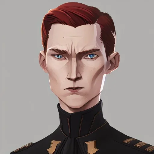 general hux 3/4 view, wearing a black First Order uniform, serious, imposing figure, thick eyebrows, digital art, wearing a black First Order uniform, green eyes, gray background, sepia filter