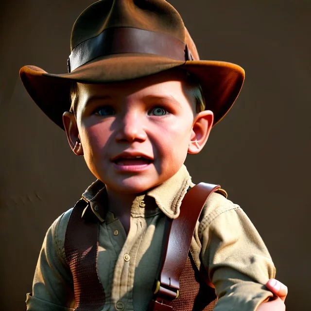 Indiana Jones toddler, full body, whip, dramatic lighting, hyper realistic