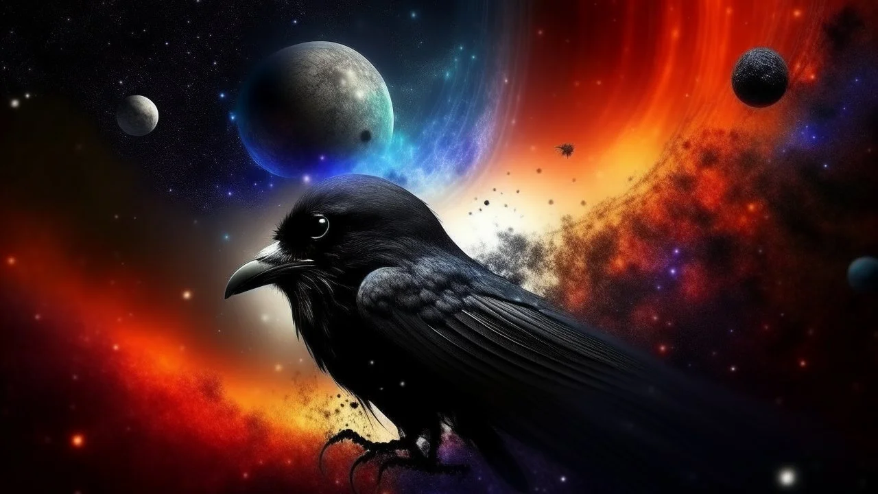 Crow in a space an the background of planets, souls, tree of life