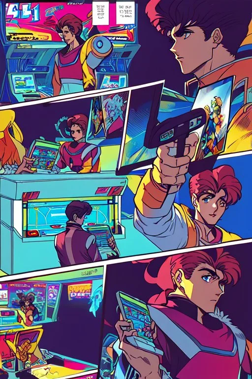 a millineal teenage boy is playing video arcade games, bright colored clothes from the 90s, hairstyles of that time, comic style