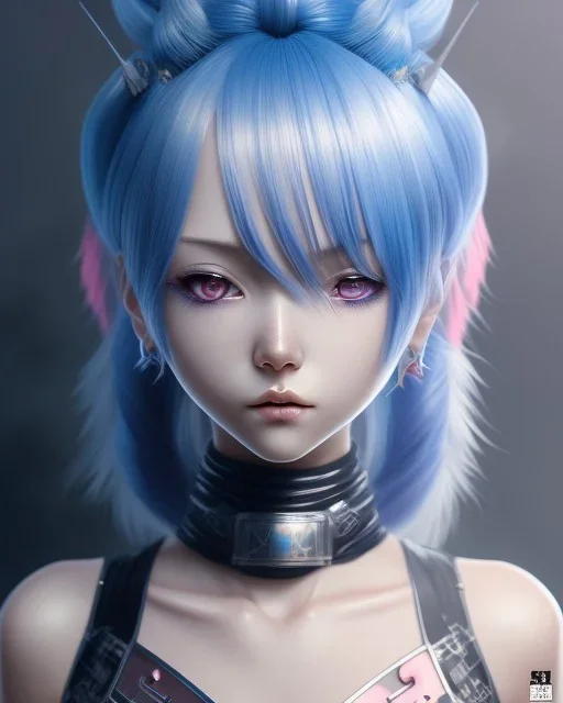 Detailed cute anime Kunoichi girl, blue hair buns, pink bangs, black latex bodysuit, intricate details, full body portrait, keep head in frame, slight smile, black Japanese motif, concept art, highly detailed, digital painting, concept art, sharp focus, illustration, art by Yoji Shinkawa, WLOP and greg rutkowski and alphonse mucha and artgerm and yanjun Chen and Junji ito and Makoto Shinkai, HDR, octane render