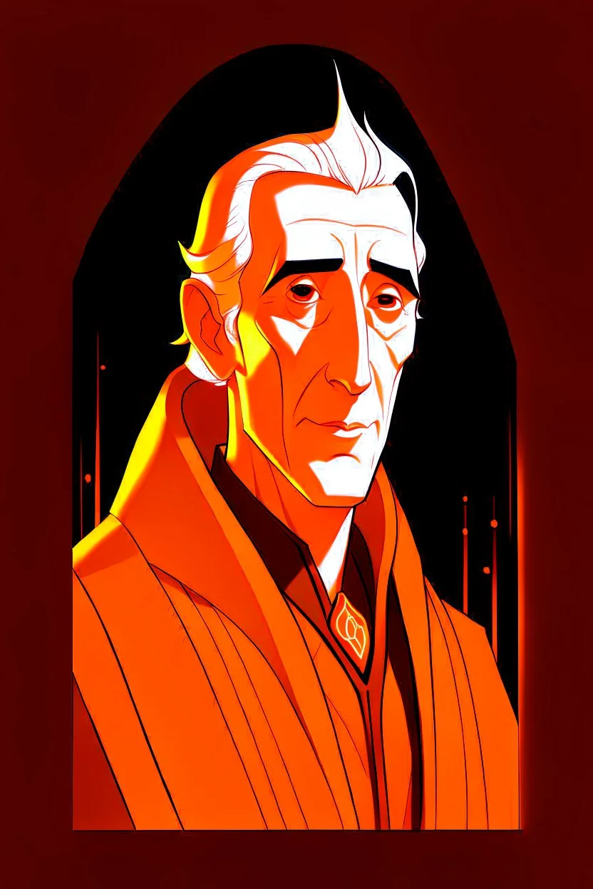 A portrait of Christopher Lee in his thirties as an elf mage, dressed in an expensive orange medieval shirt, in the style of Genndy Tartakovsky, long pointy elven ears, dark background