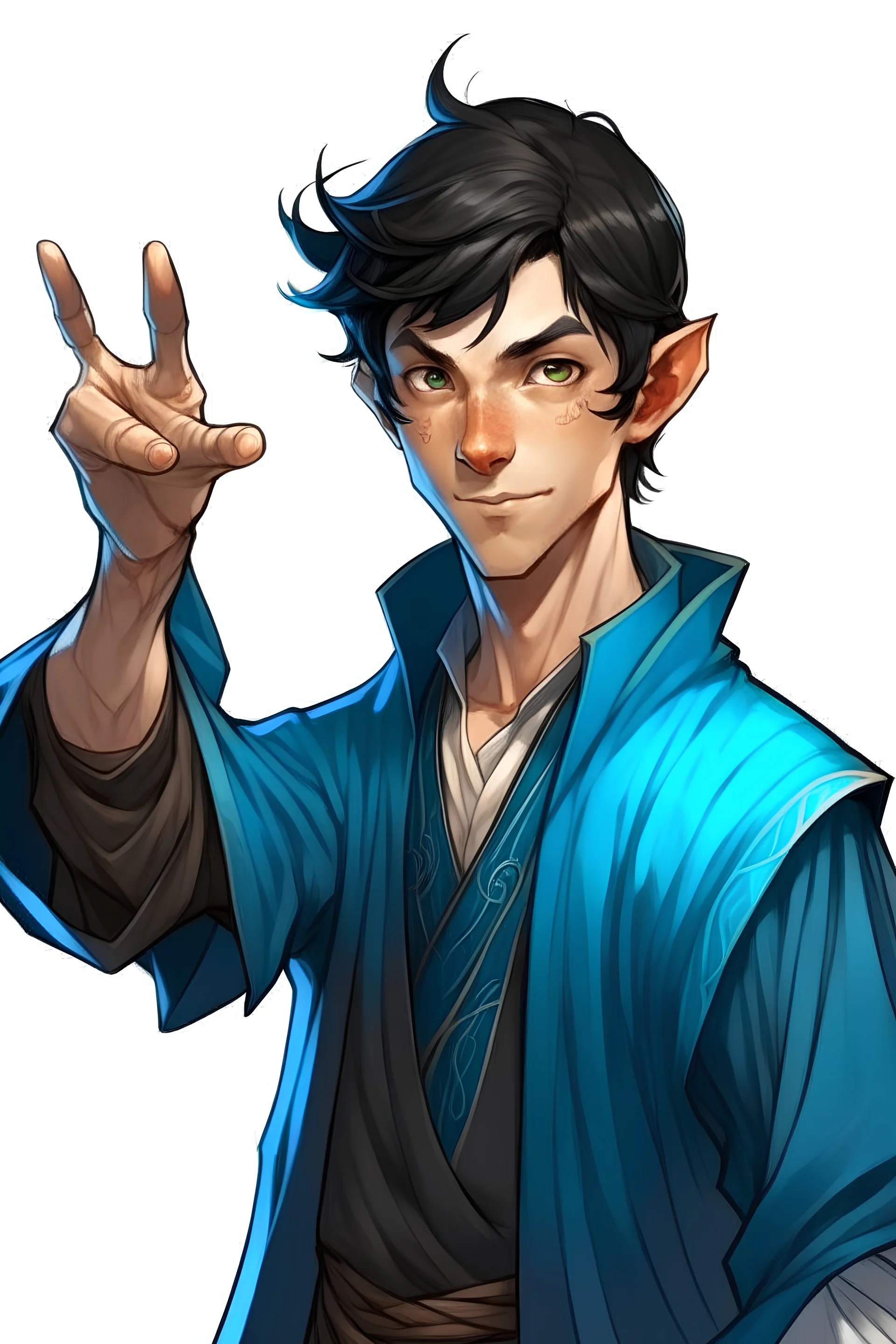 a young half elf man sea sorcerer black hair, small pointy ears and blue eyes. Pointing one finger like a gun