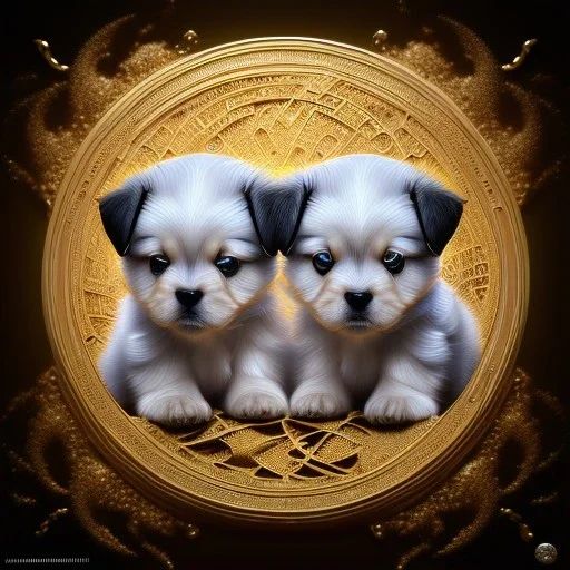 3d cute puppies, beautiful rich, detailed yin and yang symbol, shiny, intricate, gorgeous, ultrafine detail, hyperrealism, trending , sharp focus, intricate details, highly detailed, glowing, glitter, complementary colours