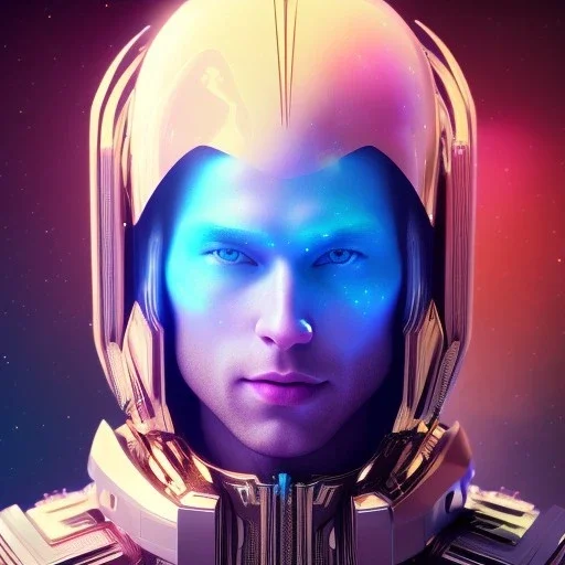 Beautiful cosmic man, blue eyes, long blond hair, smiling, cosmic suit, full body, galactic backdrop, soft lighting, hyper realistic, unreal engine 5, 16k