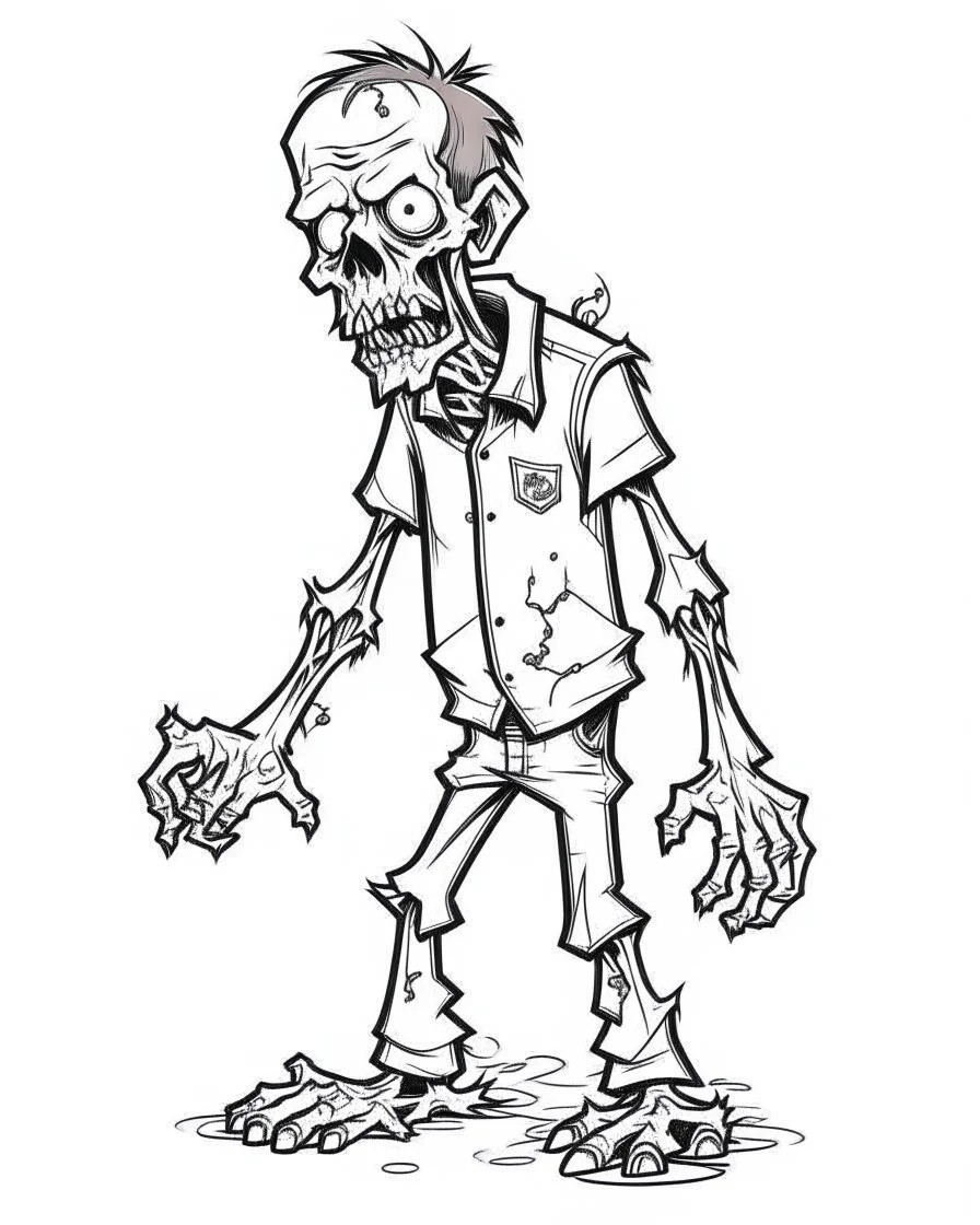 cartoon zombie, coloring image, full body (((((white background))))), only use an outline., real style, line art, white color, clean line art, white background, Sketch style