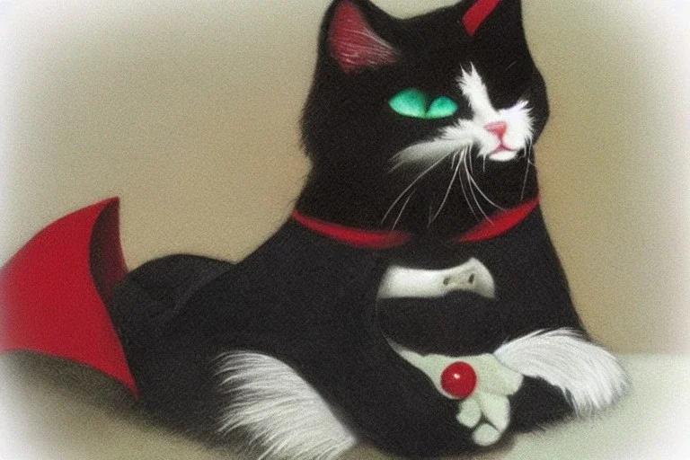 Vampire cat with cape. Green eyes.