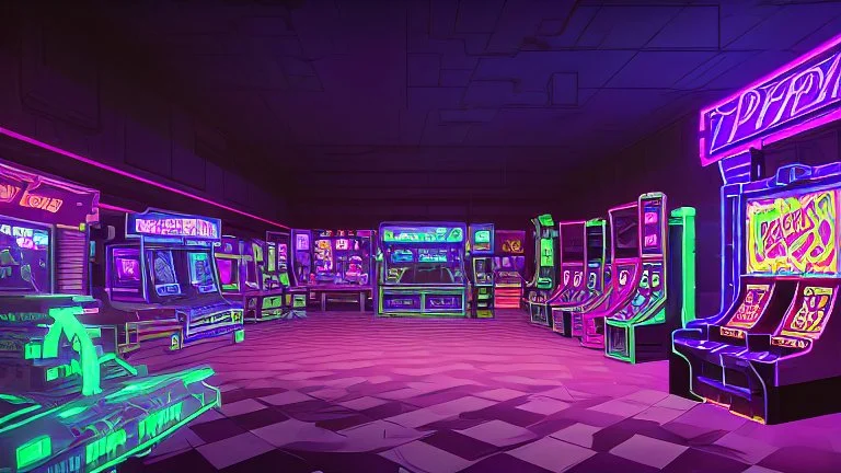 A dark photo of the corners of an 80's aesthetics arcade at night, with a lot of functioning arcade machines, a vaporwave floor and some colorful tiles in between the floor. Purple aesthetics. There are some pizza boxes over some of the arcade machines. The wall has a ticket shop who sells plushies, food and laser tag guns