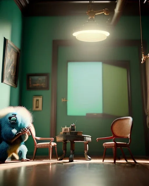 Room scene with big hair monster, Wes Anderson style, realistic photo, concept art, smooth, unreal engine 5, god lights, ray tracing, RTX, lumen lighting, ultra detail, volumetric lighting, 3d.