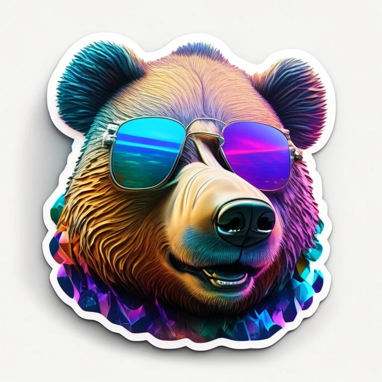 sticker on white background, 3d Head of a Bear with sunglasses, psychedelic, octane render, unreal engine 5, DMT art, funny, smiling