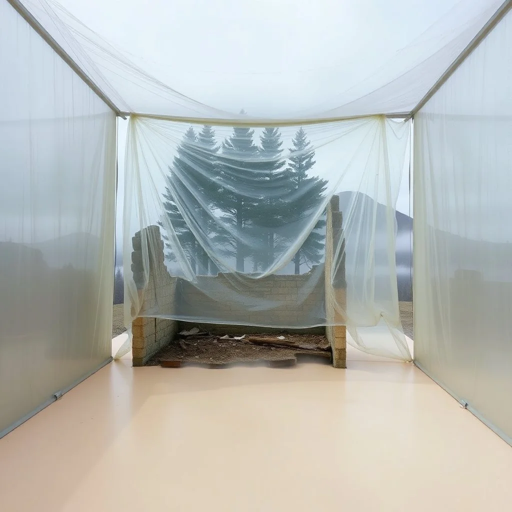A Hasselblad H6D-400c photo of an odd room with structures. A transparent tarpaulin covers an image resembling a ruined building. There is a group of fir trees in the background and a high hill in the distance. The surface below is in a pastel color. Fog is present.