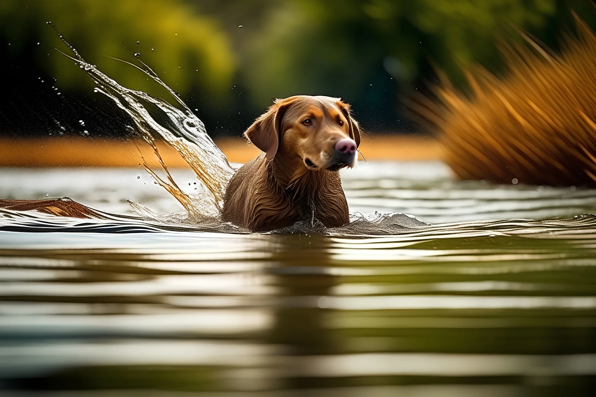 A retriver swimming out to pick up a hunters duck, natural water movement, some splashing, high resolution.