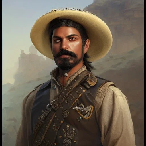 portrait,"Insanely detailed photograph of a eye patch male western mustachioed crossbowman", detailed charro and Sombrero, digital painting, cigar, artstation, concept art, sharp focus, illustration, art by artgerm and greg rutkowski and alphonse mucha, 8 k,fantasy, unreal engine