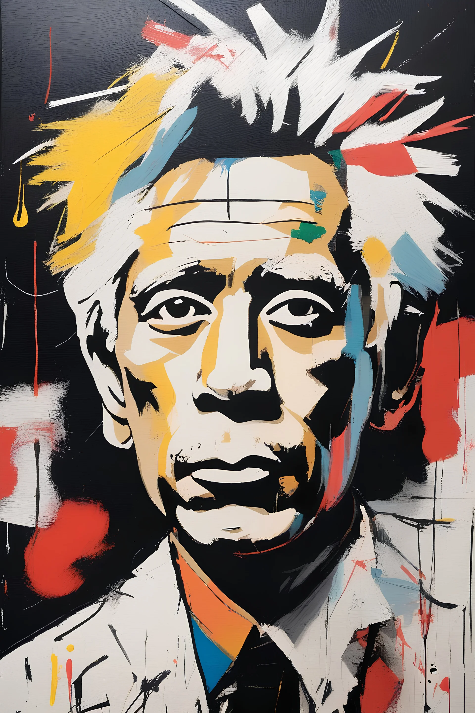 An abstract paper collage portrait of Andy Warhol, painted by Jean michel basquiat, oil and acrylic painting on canvas, close-up, bizarre, caricature, whimsical, bold brush strokes, oil stick, (white crayon outlines), (black grunge background), colourful, graphic marker pen, (neo-expressionism),rich colour palette, quirky, expressive lines, graffiti street art, cgsociety, detailed, impasto, acrylic paint splatter, focused, abstract art, vivid