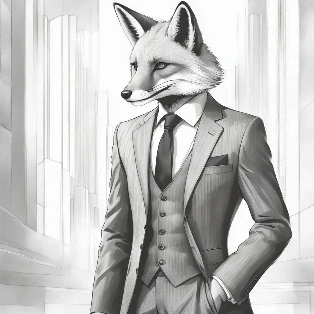 Illustrative sketch of a image of an humanoid fox, suit and tie, arte lineal ultra quality, 8k