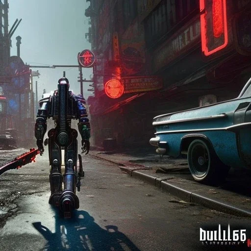 fallout 4 character on rollerskies in the streets of cyberpunk city, unreal engine