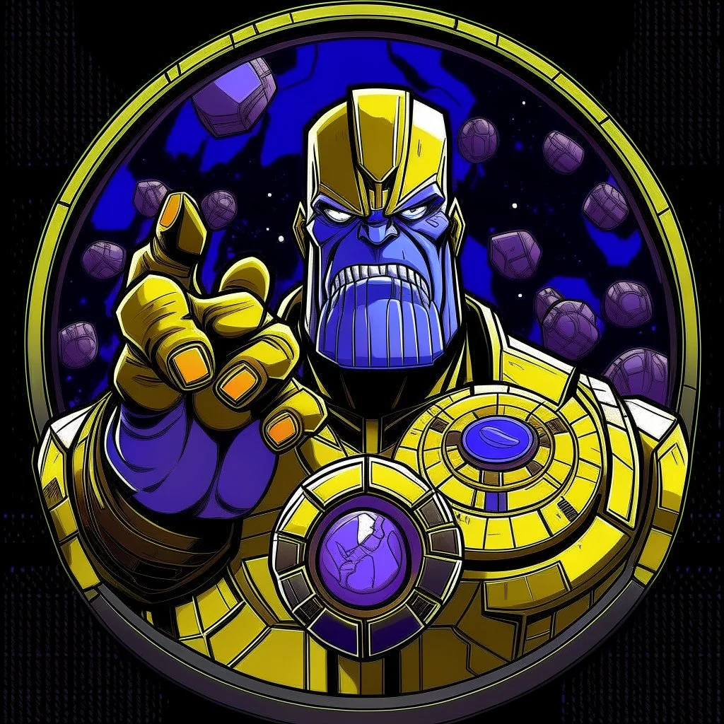 thanos showing off infinity gauntlet animated inside a medalion