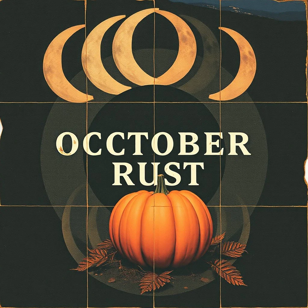 gnarly scrapbook composition, grainy photography, Bacchus-punk, dark pastel autumn colors, text "OCTOBER RUST", surreal, nihilistic, type O pumpkin, wolf moon, meandering time dilation across multiple crescent panels, dark negative space, minimalism, low contrast,
