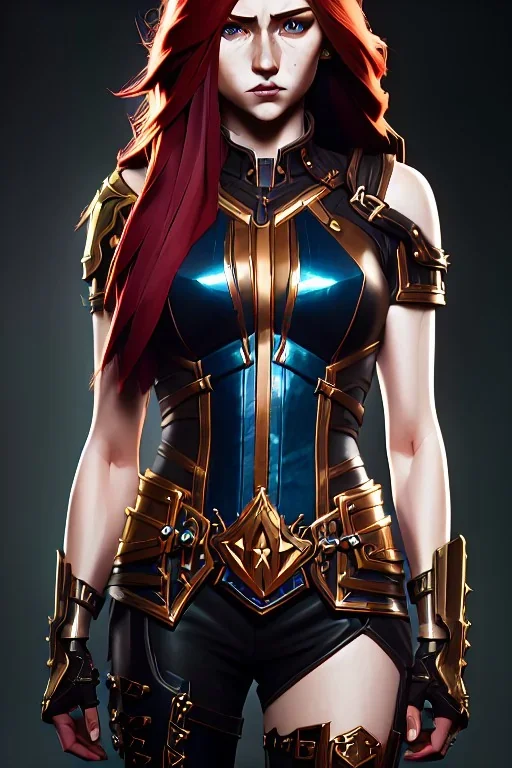 hyper realist, hyper detailed, stunningly beautiful teen woman, long ginger hair, emerald eyes, medium freckles, full lips, skimpy fantasy intricate leather armour, full body and head, c-cup breasts, serious expression, centred camera, full frame, petite