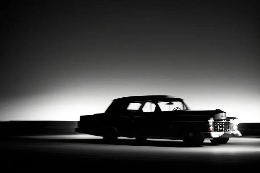 Coche Cadilac americano en mitad de la noche tan sólo iluminado por una farola y los faros del coche, imagen en blanco y negro vaporoso, imagen al estilo del fotógrafo Hugo Alonso