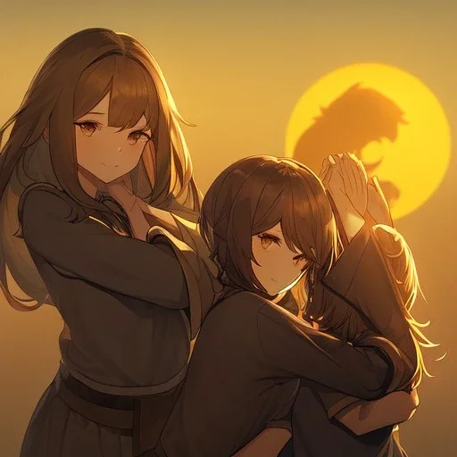 Clear Focus, High resolution, 2 girls hugging, the two girls is a human version of sun and moon, sun if happy and moon is sad, sun in the background