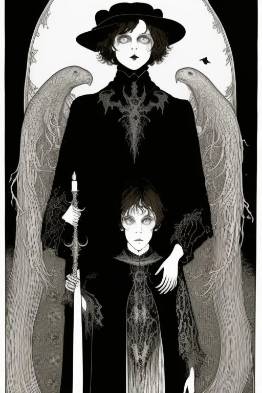 7 year old boy, necromancer, friendly, looks dead,with a long lamprey emerging from his belly , wearing black robes, in the style of Harry Clarke