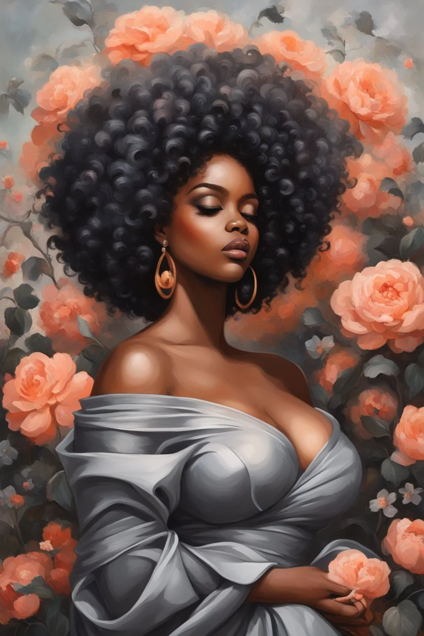 Create an expressive oil painting art image of a curvy black female wearing a grey off the shoulder blouse and she is looking down with Prominent makeup. Highly detailed tightly curly black afro. Background of large peach and grey flowers surrounding her