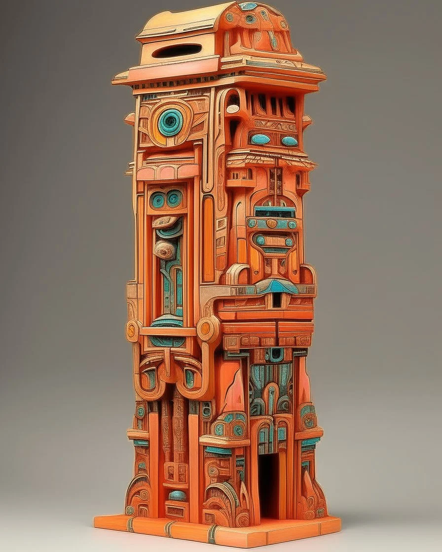 A light rosy orange colored mechanized fortress designed in pacific Northwest totem poles painted by Zhang Lu