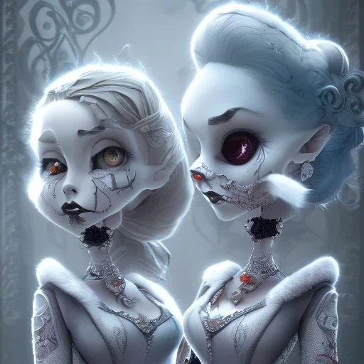 extrem tim burton style of the evil stepsisters, sharp focus, photorealistic eyes