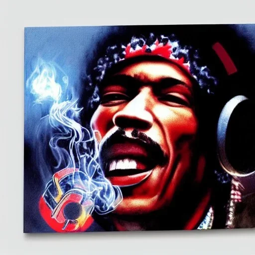 realistic portrait of Jimi Hendrix at a turntable with headphones on being a DJ, cigarette in mouth