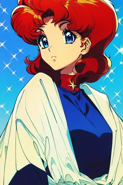 1girl, retro anime, 80's, redhead,Portrait of beautiful woman, sparkling dark blue eyes,
