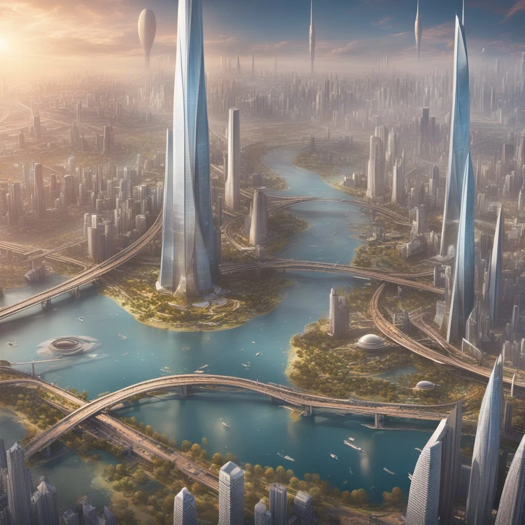 Aerial view of city on a (((twin planet))) of Earth in another galaxy, showing a diverse community. The skyline is dominated by tall skyscrapers with modern futuristic architectural designs, the streets are filled with people from diverse backgrounds. In the distance, a majestic bridge crosses a river and connects the city with a beautiful park on the other side.