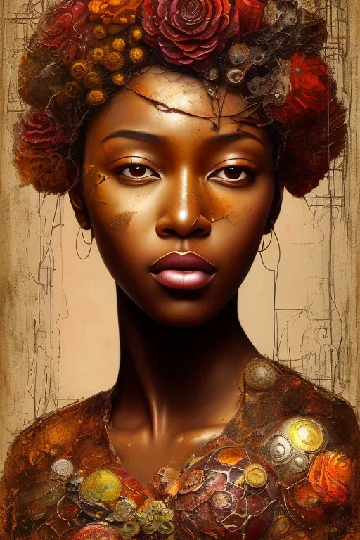 an abstract painting of rusted metal and flowers, african portrait, rust, scaffolding, iron cladding, decay, mixed media, textured, anatomically correct, beautiful perfect face, sharp focus, highly detailed