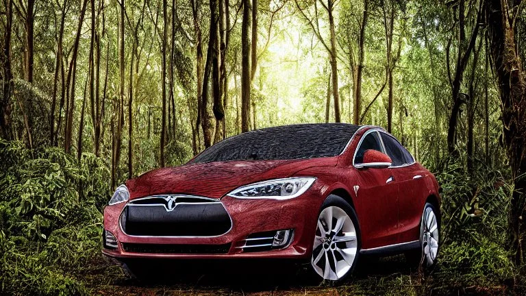 A Tesla's 'Model S Plaid' is parked, in a jungle of the Jurassic Period. CINEMATIC. WIDE ANGLE LENS. PHOTO REAL.