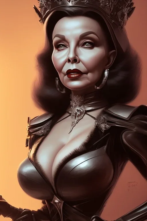 Joan Collins as evil queen in black leather, leather, busty, cleavage, angry, stern look. character design by cory loftis, fenghua zhong, ryohei hase, ismail inceoglu and ruan jia. unreal engine 5, artistic lighting, highly detailed, photorealistic, fantasy