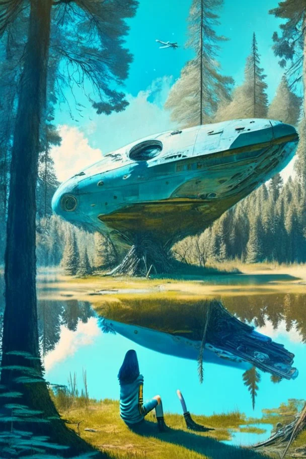 spaceship in a woodland clearing, next to a lake, with a woman kneeling under it repairing it, blue sky