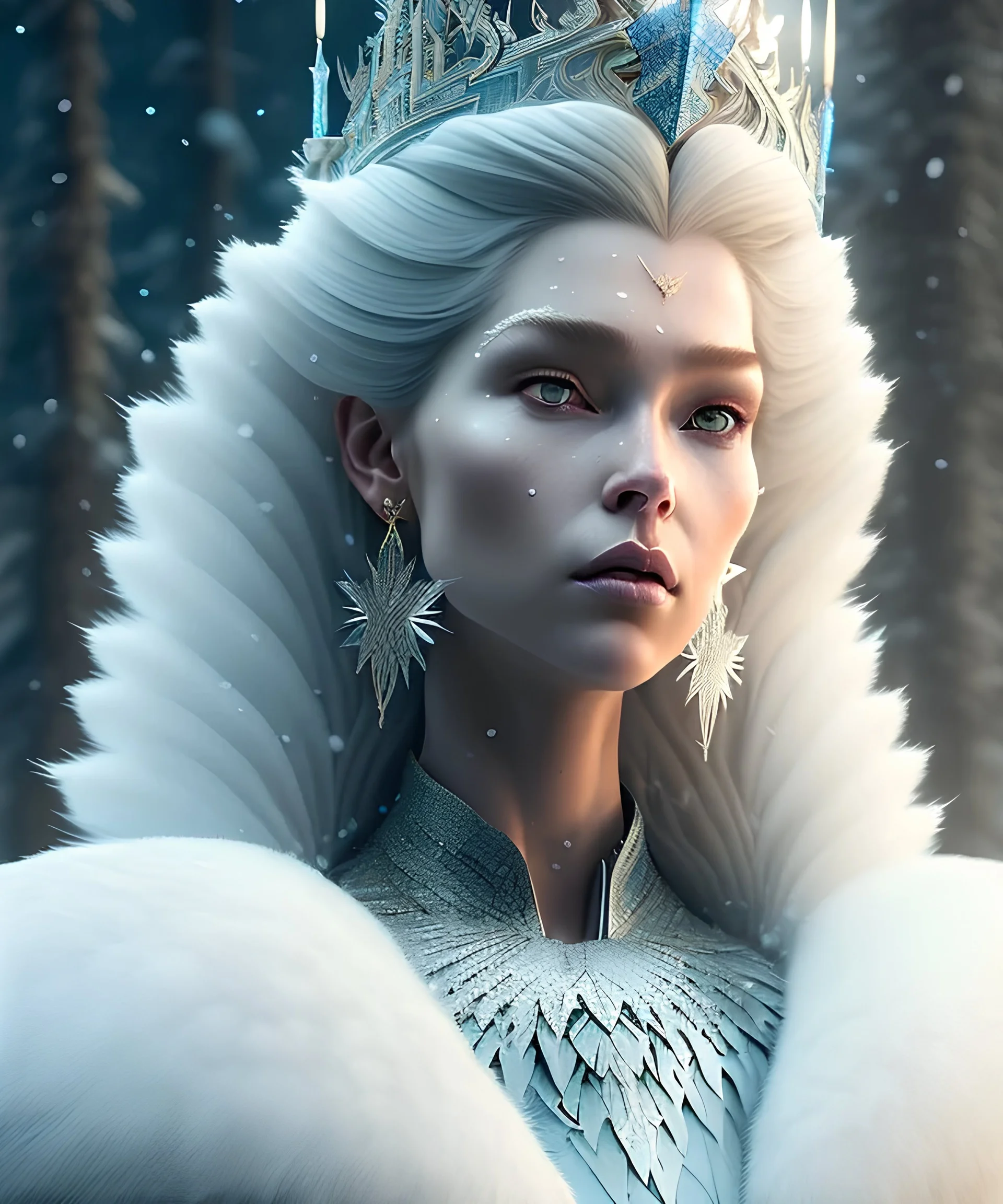 a fancy portrait of a snow Queen by Greg Rutkowski, Sung Choi, Mitchell Mohrhauser, Maciej Kuciara, Johnson Ting, Maxim Verehin, Peter Konig, 8k photorealistic, cinematic lighting, HD, high details, dramatic, atmosphereric, trending on artstation