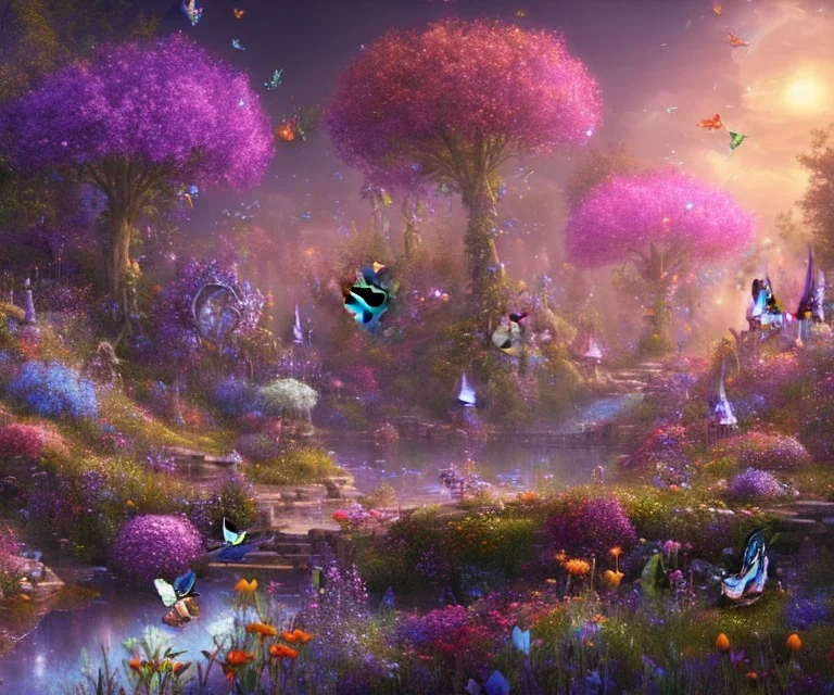 mondo fairy,paesaggio da favola notturno con fiori fluoriscenti, alberi magici,fiori colorati luminosi, farfale.