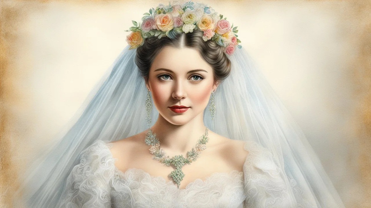 old postcard, white background, bride, colored pencil drawing, 3d, 64k, high resolution, high detail, computer graphics, hyperrealism, f/16, 1/300 sec. digital painting, double exposure,