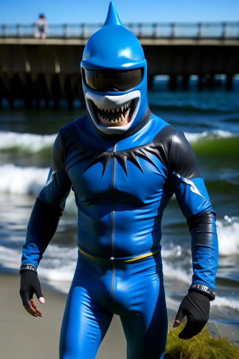 Surfsharks superhero costume combines a black, form-fitting bodysuit with a deep ocean-blue wetsuit-style jacket, featuring shark fin-like shoulder embellishments. White shark tooth designs adorn the arms and legs. His cowl resembles a shark's head, with a dark visor revealing his piercing brown eyes, there is a shark fin ontop of his helmet and on his back. The chest emblem is a stylized shark with dorsal fins reminiscent of Batman's bat symbol