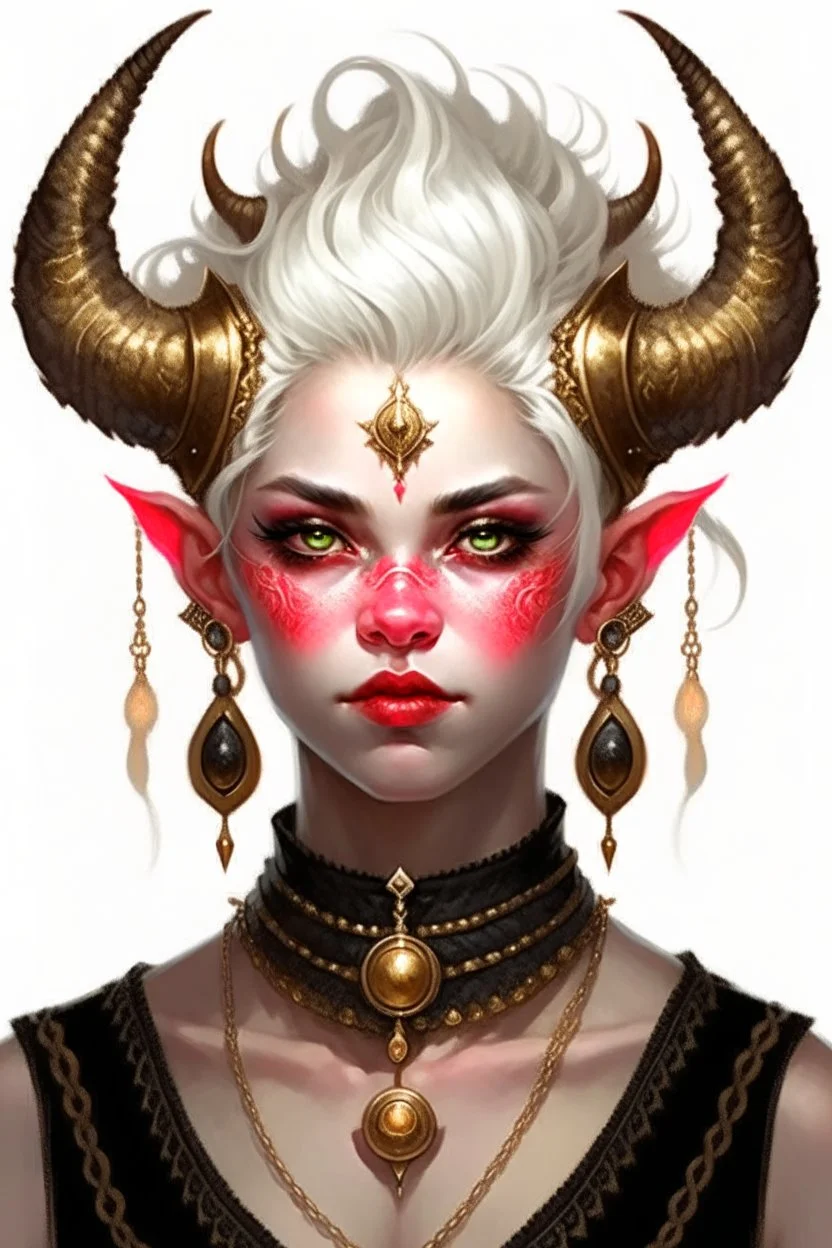 A young tiefling woman with a set of ram horns on her head encrusted with jewels, White-Blonde, short hair, black eyes, no pupils, dressed in white with lots of jewelry, beautiful, she looks like an angel