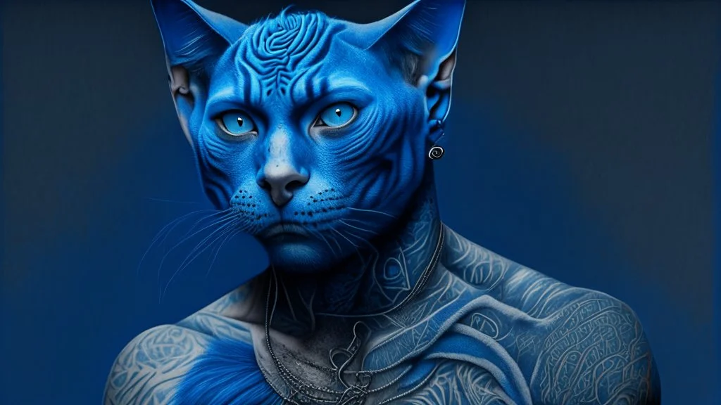 blue background, cat man, wool, fine drawing, high detail, 8K, tattoos,