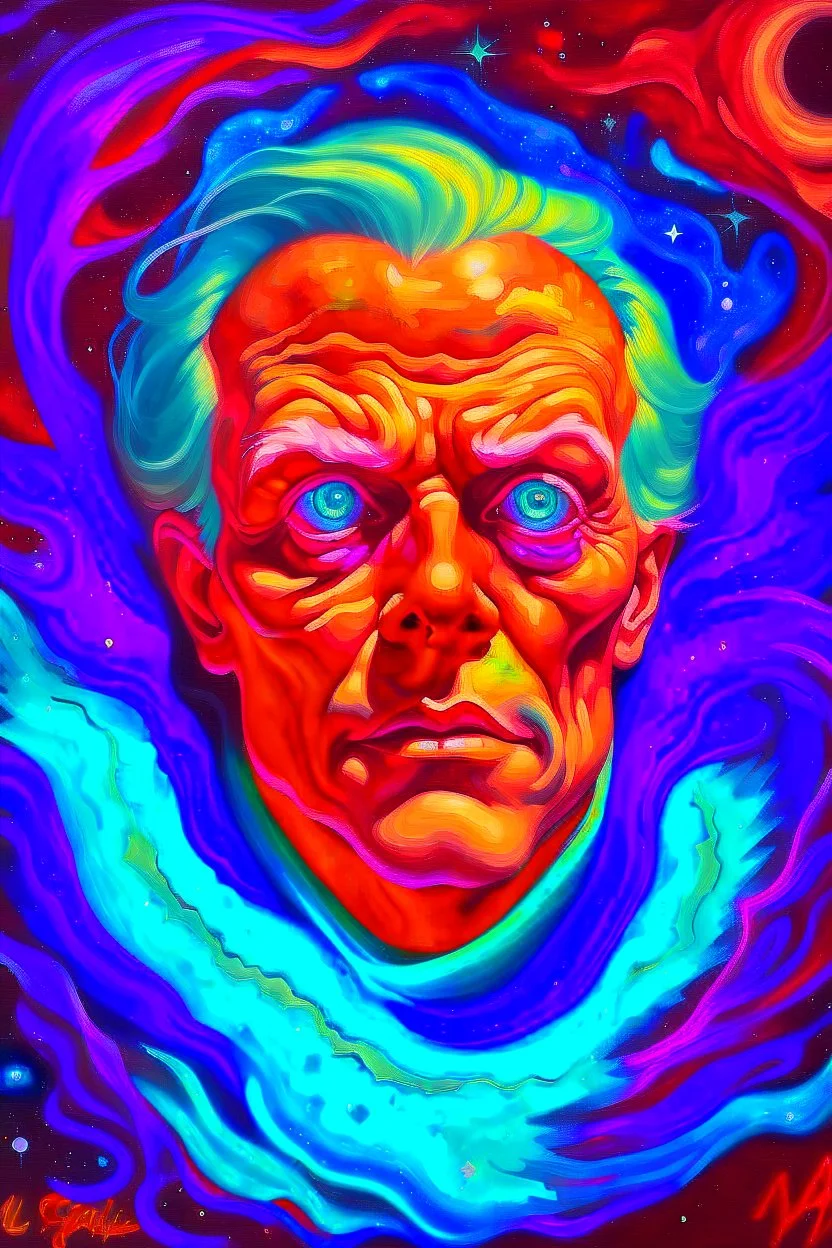 Busch painting style A big scary face covering his ears with both hands , A nightmare from light." Stars are holes in the fabric of reality, from which a blinding, painful light pours. Nebulae resemble phantasmagorical visions.