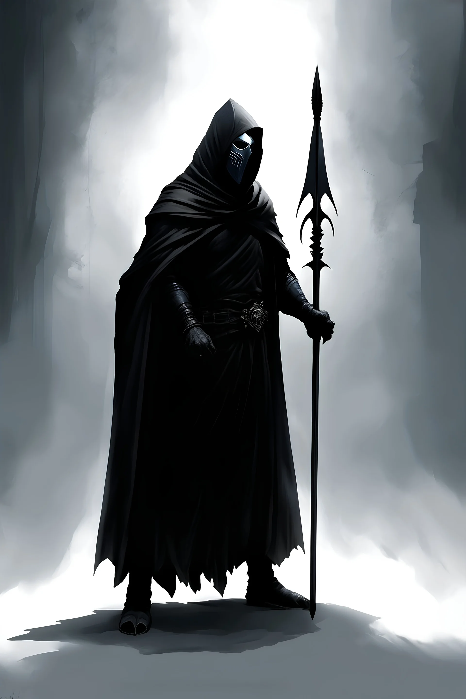 cloaked figure wearing a dark plain mask with a spear on his back