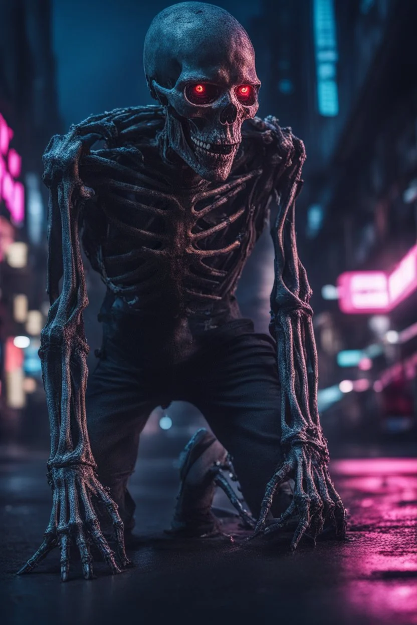 Extreme grandiose and cinematic photo in realistic colors ((cyber skeleton)) dirty realistic ragged clothes, dynamic pose and expression, in the city ally of neon tales, (sparks around) high lighting, intricate, 8k, macro photography,