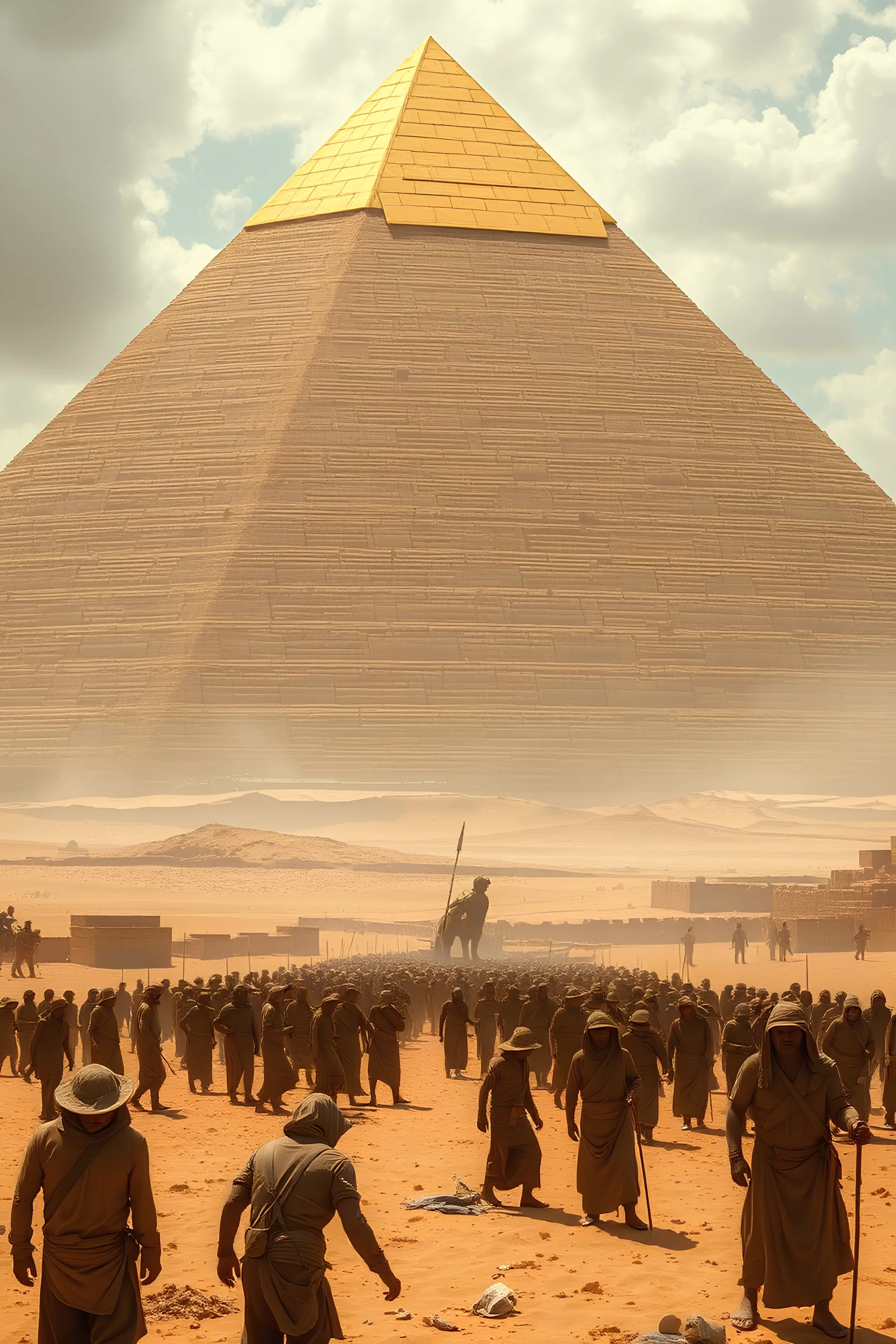 Laborers toil endlessly under the Pharaoh’s orders, building a massive golden pyramid in the desert. The scene highlights their exhaustion and despair, contrasted with the grandeur of the structure.
