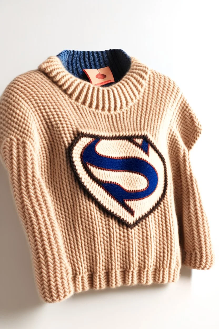 Superman's Balenciaga sweater Winter elegant inspired by Superman's emblem design beige tones with dual color on a white background, product catalog photography, soft spot lighting, depth of field, 4k –ar 3:5 –q 2