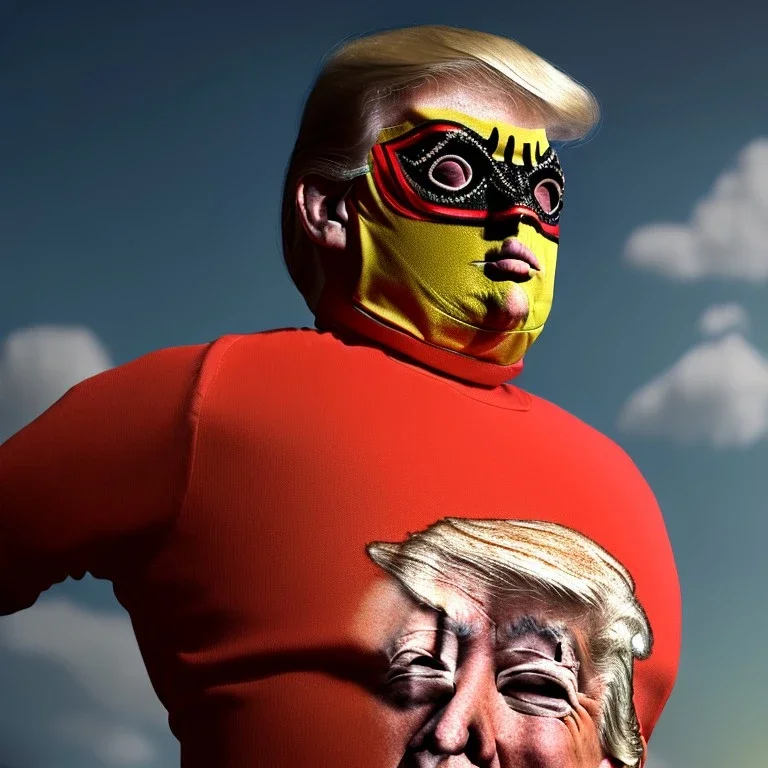 realistic image of donald trump as a mexican wrestling fighter posing, Mexican eyes wrestling mask, mesh bodysuit, retro style, 80s, vibrant color, highly detailed, sky background, concept art, unreal engine 5, god rays, ray tracing, RTX, lumen lighting, ultra detail, volumetric lighting, 3d, finely drawn, high definition, high resolution.