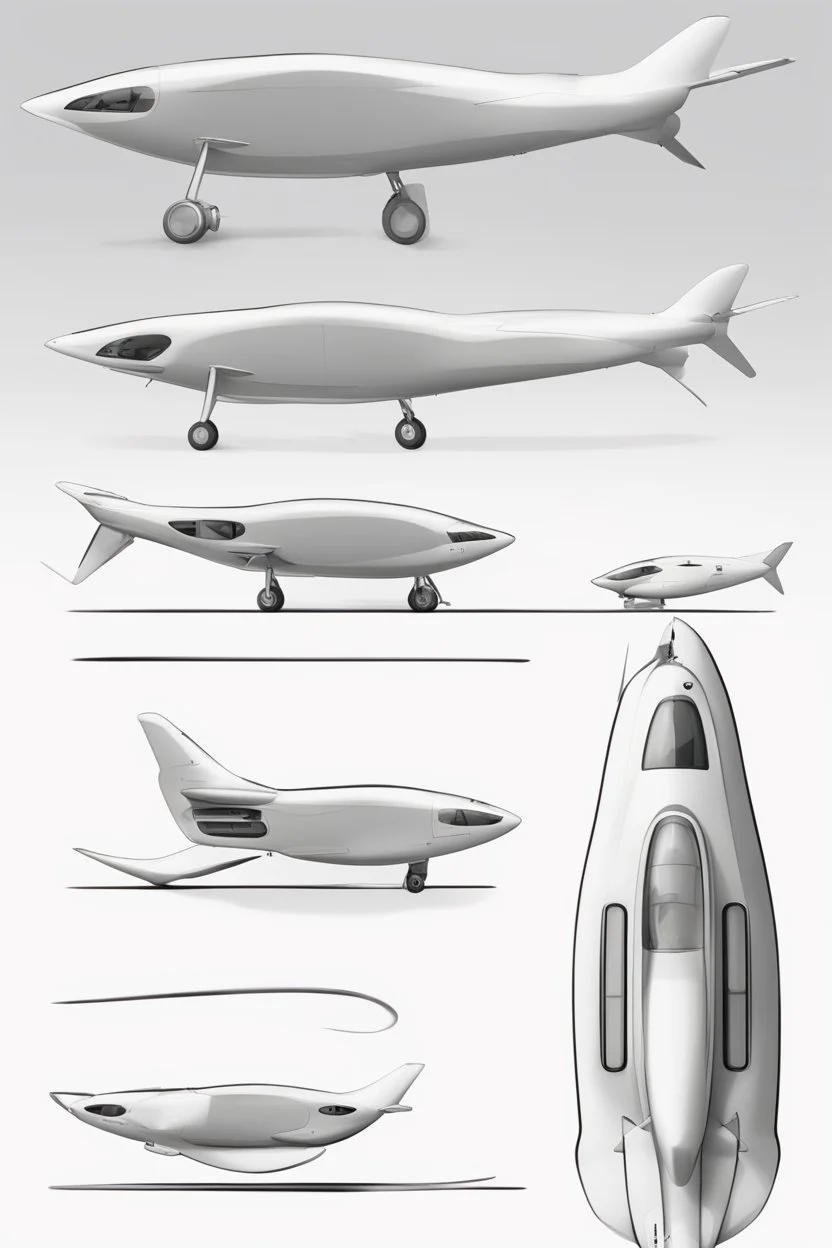 ideation aeroplane airmed inspired by shark with side view, quarter view and front view