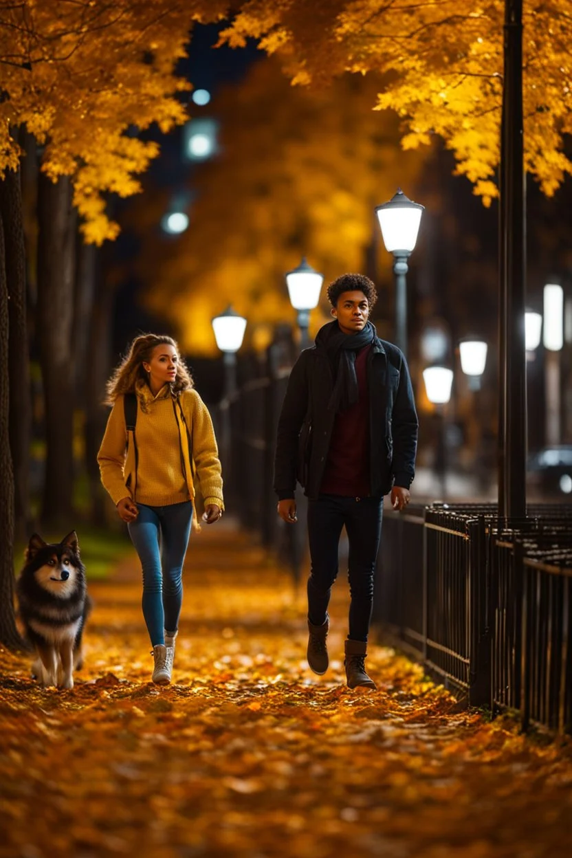 night yellow lights over the street trees autumn leaves under feet ,a Student adult girl with books in her hand walking in street looking to camera a boy walks after she few meters away her back